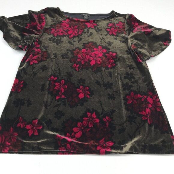 Ann Taylor Womens Velvet Blouse Floral Flared Short Sleeve Boat Neck PS Petites - Picture 2 of 11